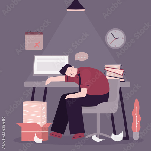 Tired office worker sleeping at the workplace. Overload, burnout, hard work in office. Corporate slavery, work seven days week. Overworked businessman has no strength.