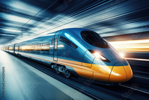 A rushing modern high-speed train on a blurred background