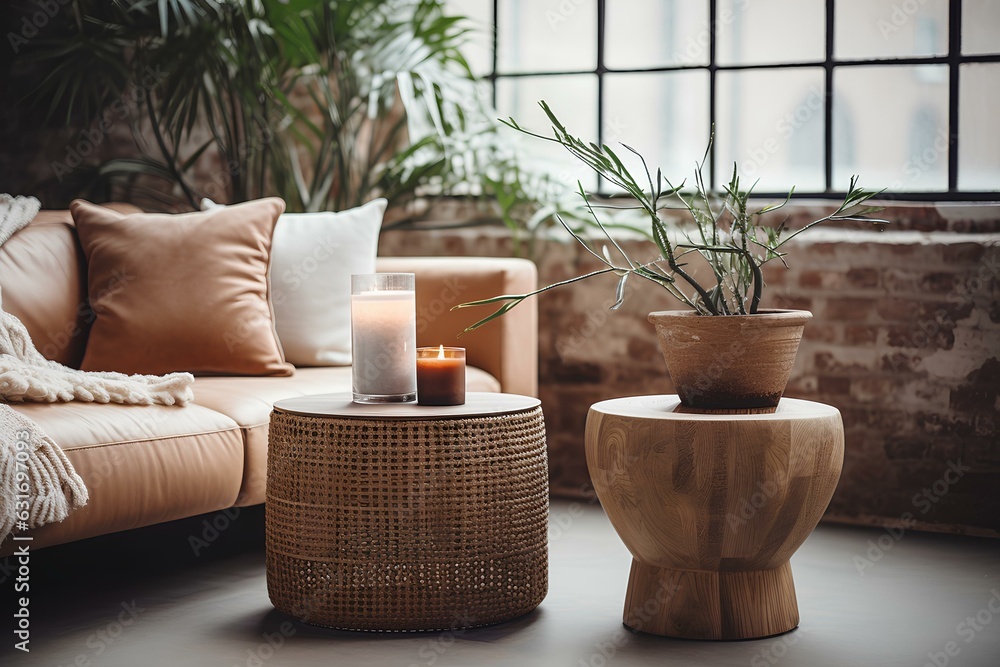 Fototapeta premium Home interior mock-up with rattan furniture, table and decor in living room. generative AI