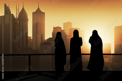 silhouettes of Asian hijab women standing enjoying at a city, aesthetic look