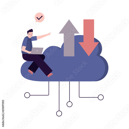 Male character use laptop and sits on big cloud. Remote servers, cloud service, adding media content, data storage. Smart user pointing on loading and uploading files. Web hosting.