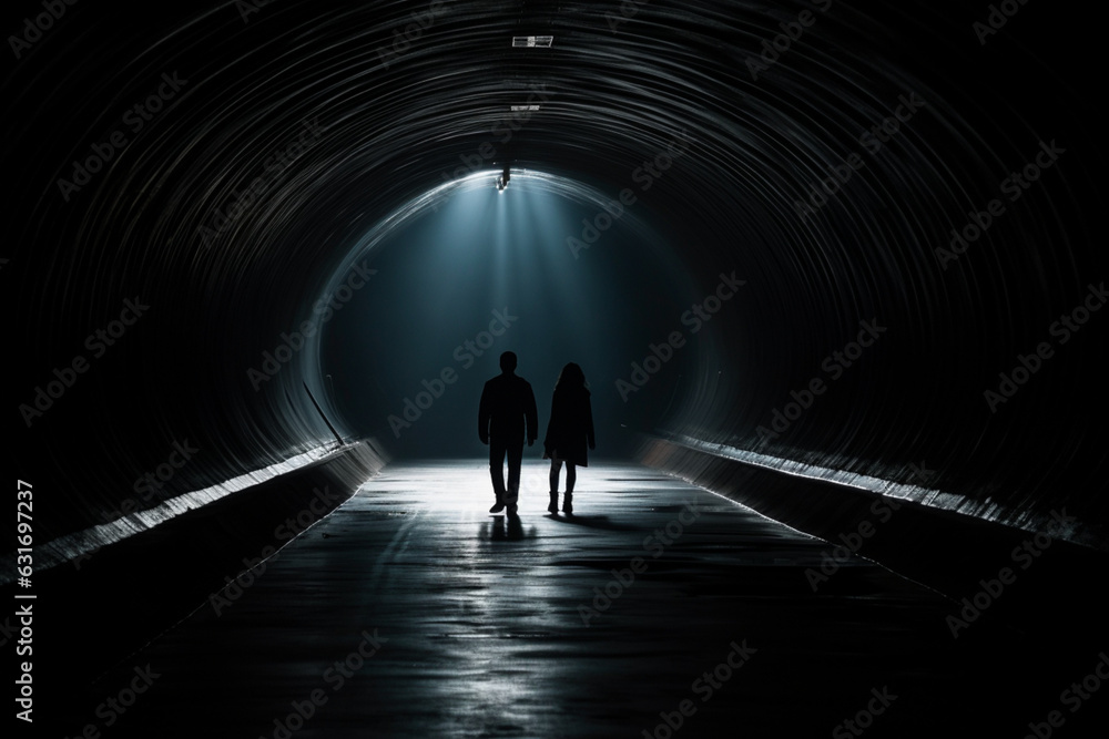 silhouettes of people in the dark tunnel, aesthetic look