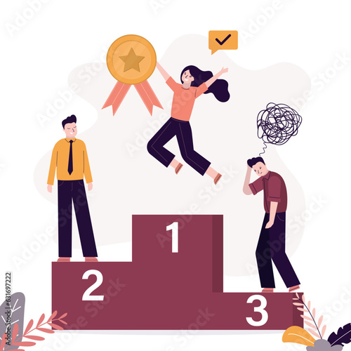 Winner woman and men losers on podium. Awarding the winners after the competition. Happy woman with gold medal jumps on first place. Celebration of championship, victory.