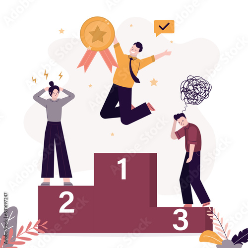 Winner and people losers on podium. Awarding the winners after competition. Happy smart man with gold medal jumps on first place. Celebration of championship, victory