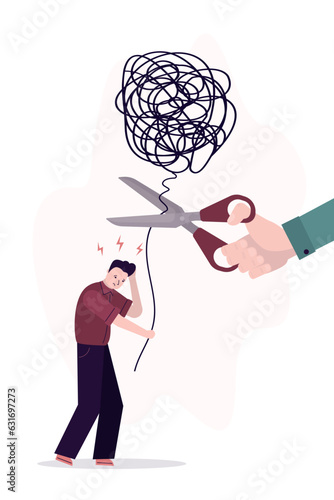 Psychiatrist hand uses scissors and cuts rope of mental problems. Sick man with psychological problems and messy chaos in his head. Help of psychologist, treatment of mental burden
