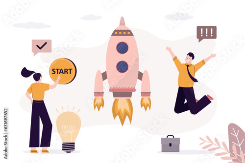 Businesswoman presses start button and launches rocket into sky. Co-founders are starting new project. Innovative idea launches successful startup.