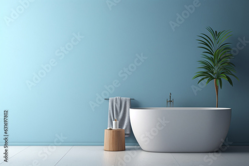 Simple interior of bathroom with bathtub  mirror and houseplant near blue wall  aesthetic look