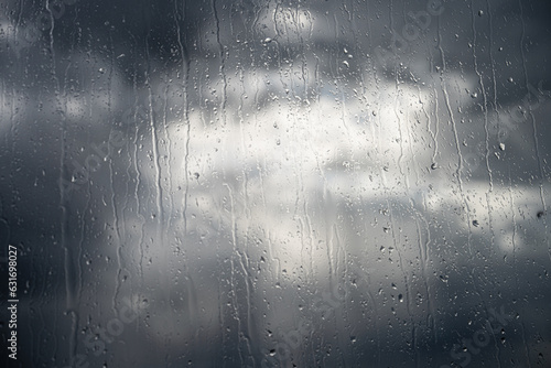 Bad weather. Dark clouds seen through raindrops on the window on a rainy day