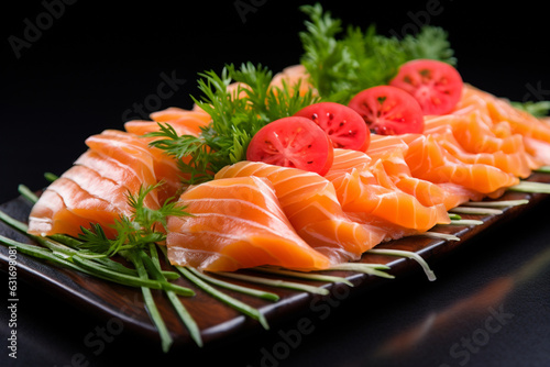 Sliced salmon sashimi, Japanese raw food delicious menu, famous fish from Norway