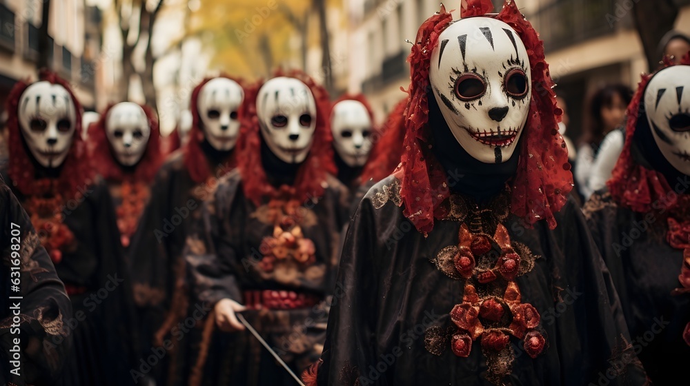 All Saints Day in Spain, people wearing traditional masks Stock Photo ...