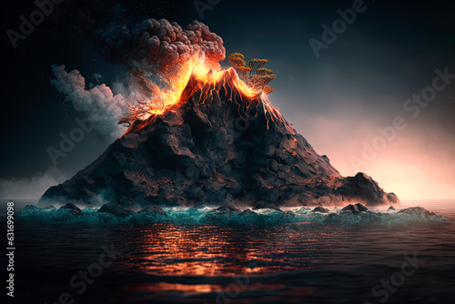 Volcanic island with erupting lava in the middle of the ocean. Generative AI