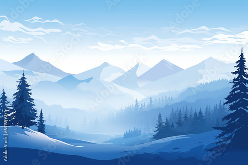 Snowy mountain landscape  Vector blue silhouette of mountains  hills and forest