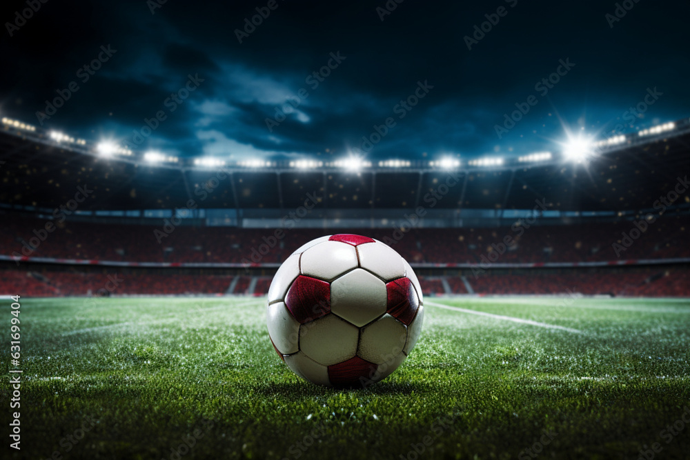 Soccer ball on the field of stadium with light, aesthetic look