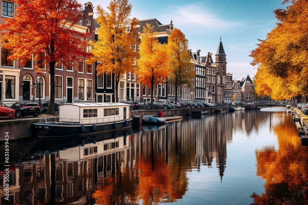 Amsterdam with its gabled houses mirrored in the calm canal, framed by trees showing their vibrant fall foliage - obrazy, fototapety, plakaty 