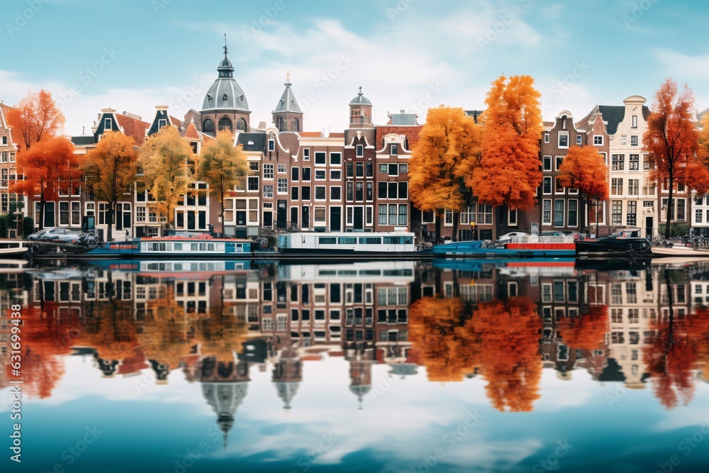 Obraz na płótnie Amsterdam with its gabled houses mirrored in the calm canal, framed by trees showing their vibrant fall foliage w salonie