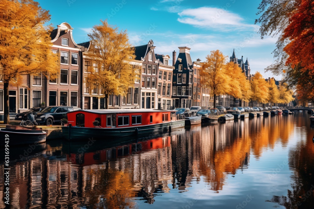 Fototapeta premium Amsterdam with its gabled houses mirrored in the calm canal, framed by trees showing their vibrant fall foliage