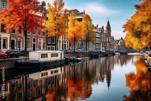 Amsterdam with its gabled houses mirrored in the calm canal, framed by trees showing their vibrant fall foliage