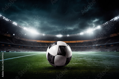Soccer ball on the field of stadium with light, aesthetic look