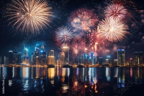 Fireworks illuminating the skyline at midnight, welcoming the New Year with a dazzling display of lights - Generative AI