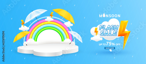 Monsoon flash sale 75 percent and yellow thunder on cloud. Shopping under umbrella in rain with special offer sale campaign promotion. For social media ads with blank product rainbow podium scene.