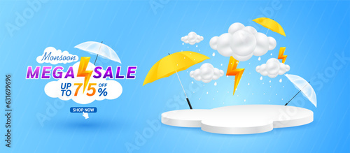 Monsoon flash sale 75 percent and yellow thunder on cloud. Shopping under umbrella in rain with special offer sale campaign promotion. For social media ads with blank product rainbow podium scene.