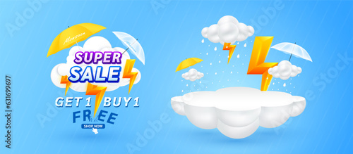 Monsoon super sale. Get 1 Buy 1 Free with yellow thunder sign on clouds. Shopping under umbrella in rain with special offer sale campaign promotion. For ads with blank product podium scene. 3D Vector.