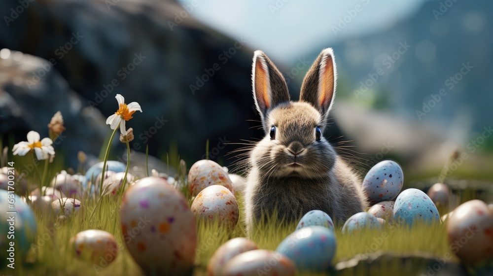 Cute rabbit as easter bunny sitting with easter eggs and flowers as illustration, Adorable Bunny With Easter Eggs In Flowery Meadow