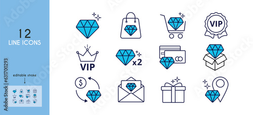 Set of 12 linear blue icons exclusive diamond benefits. Bonus program, loyalty, gem, gift, exclusive location, envelope, offer, credit card, multiplication, premium shopping, vip.Editable Stroke. 
