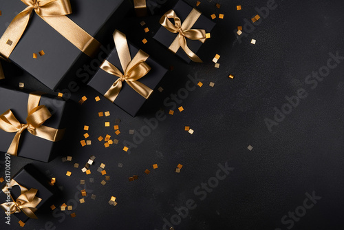 Top View of Black Gift Boxes with Ribbon Bow Tag and Golden Confetti on Isolated Black Background - Copy Space. Created with Generative AI Tools © ThePixelCraft