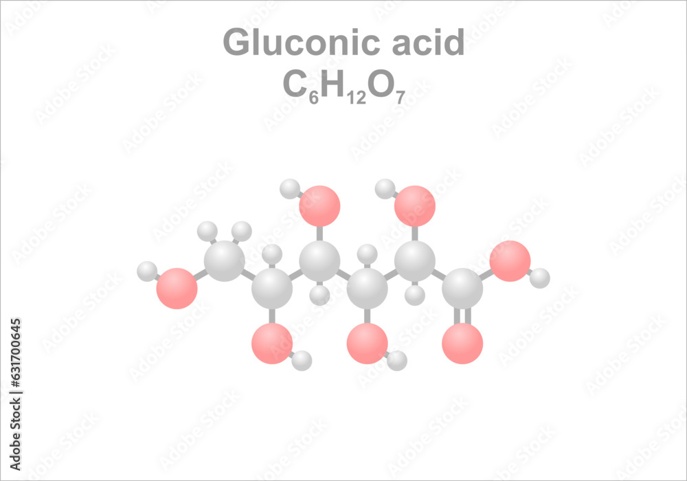 Gluconic acid. Simplified scheme of the molecule. Use as food additive for acidity regulation.