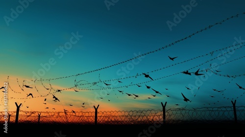 Abstract Barrier wire fence refugee Twilight sky. Deliverance Broke spike change bird boundary human rights slave prison jail break hope freedom justice social liberty day world war generative ai photo