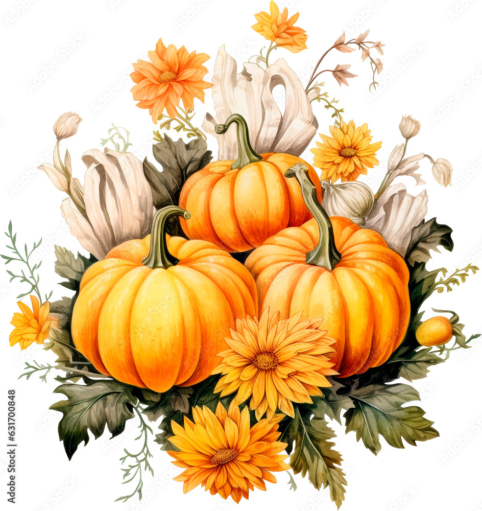 Autumn watercolor illustration with pumpkins and flowers leaves isolated on white background. Watercolor hand-painted perfect for design decorative greeting cards, or posters in the autumn festival.