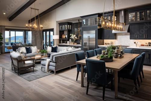 open-concept living space with a cohesive color palette, blending the kitchen, dining, and living areas seamlessly - Generative AI © Hanjin