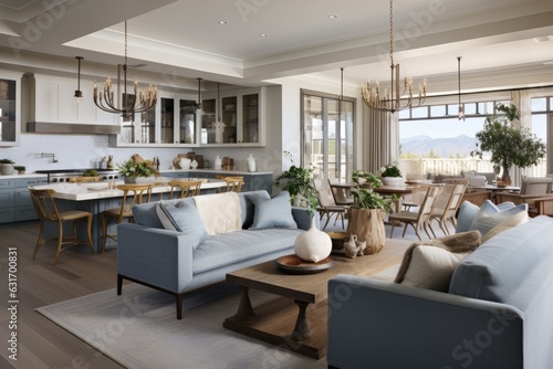 open-concept living space with a cohesive color palette, blending the kitchen, dining, and living areas seamlessly - Generative AI