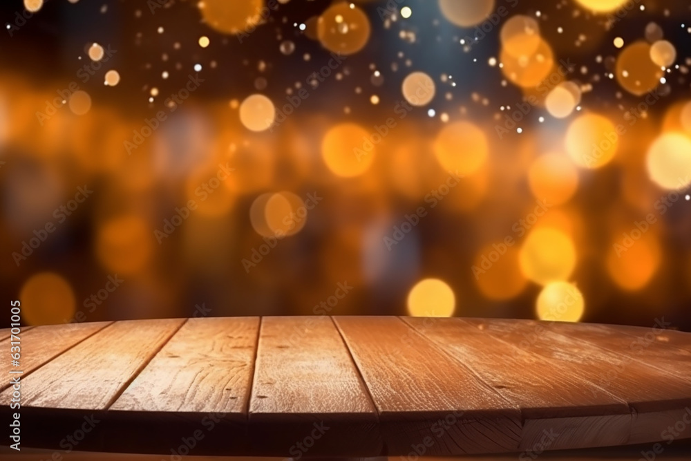 Rustic Wood Table Illuminated by Christmas Night Lights with Abstract Circular Bokeh Background Rustic Wood Table Illuminated by Christmas Night Lights with Abstract Circular Bokeh Background