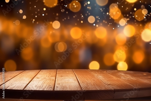 Rustic Wood Table Illuminated by Christmas Night Lights with Abstract Circular Bokeh Background