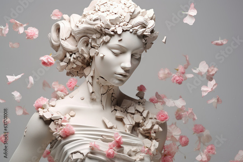 Ancient woman Statue, white broken stone. Head sculpture pink flowers bouquet. AI generated