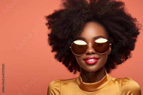 Beautiful portrait of an African girl in sunglasses. AI generated