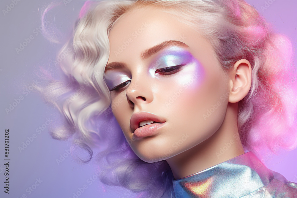 Sensual blond girl with purple hair and glowing skin in colorful iridescent foil. AI generated Sensual blond girl with purple hair and glowing skin in colorful iridescent foil. AI generated