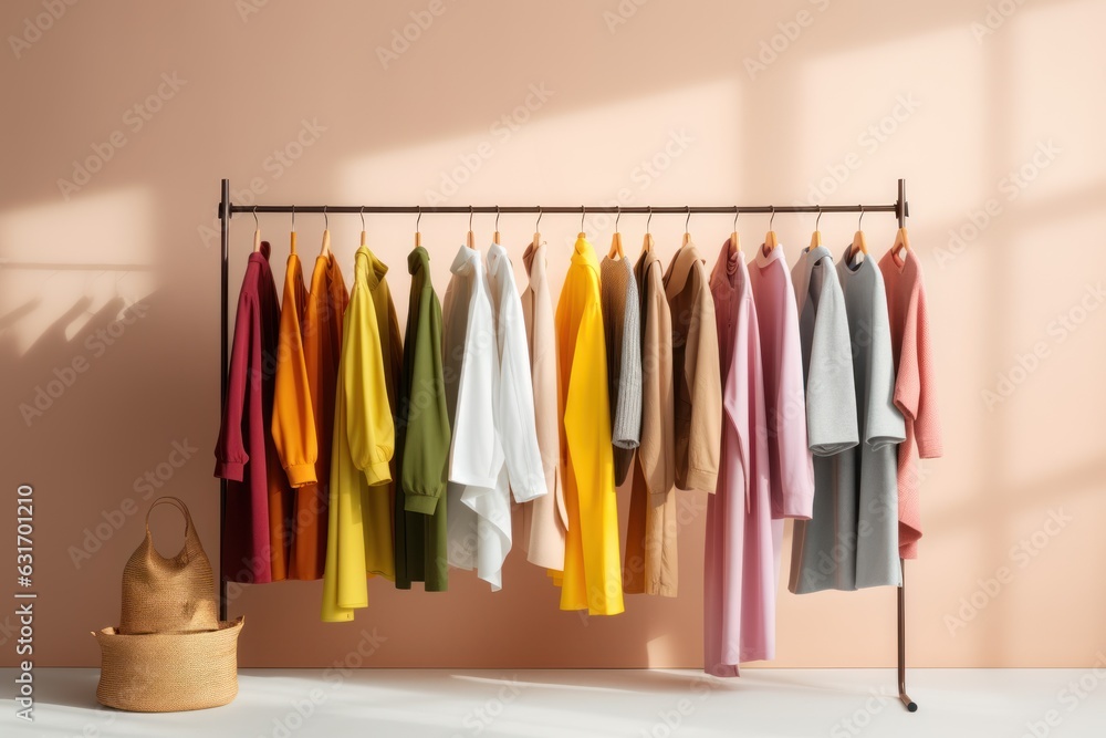 Fashion clothes on a rack in a light background indoors. AI generated