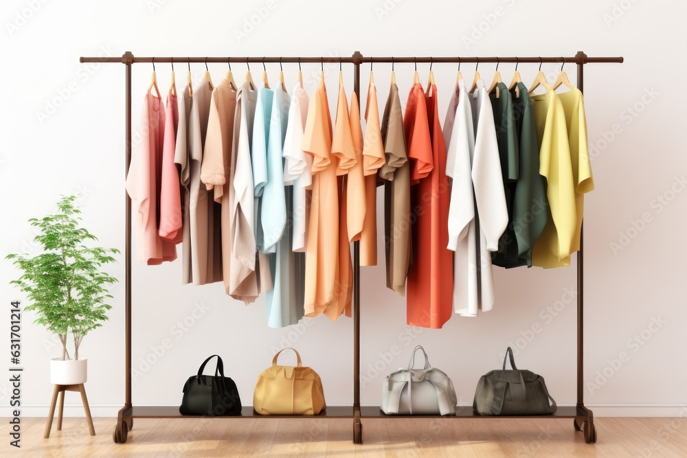 Fashion clothes on a rack in a light background indoors. AI generated Fashion clothes on a rack in a light background indoors. AI generated