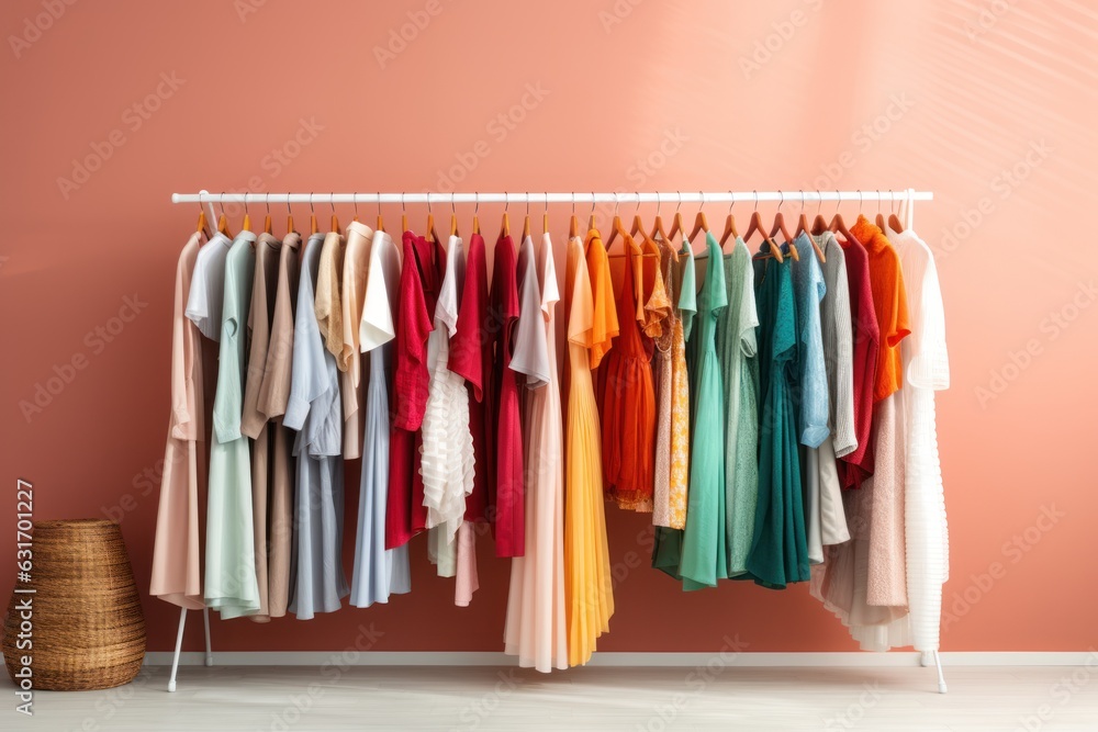 Fashion clothes on a rack in a light background indoors. AI generated Fashion clothes on a rack in a light background indoors. AI generated