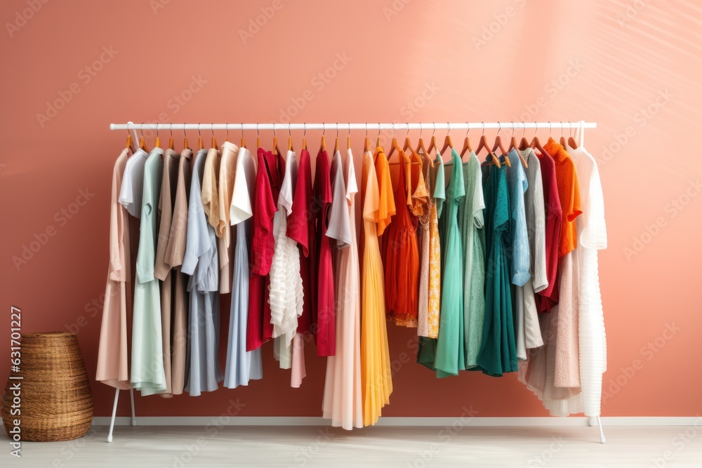 Fashion clothes on a rack in a light background indoors. AI generated