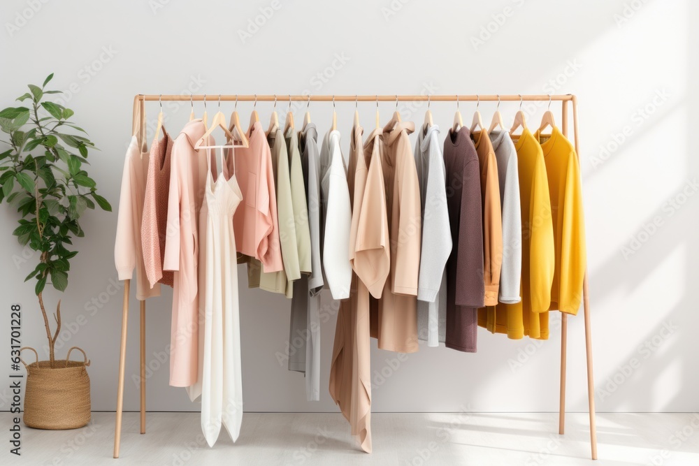 Fashion clothes on a rack in a light background indoors. AI generated