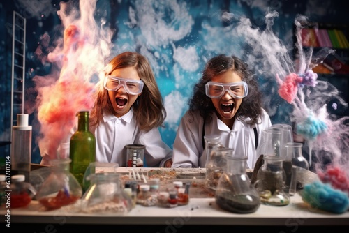 Excited school girls during chemistry experiment. AI generated
