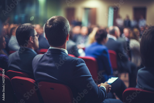Speaker giving a talk in conference hall at business event, Rear view of unrecognizable people in audience at the conference hall, Business and entrepreneurship concept, blur image, aesthetic look © alisaaa