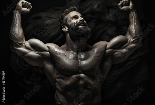 Middle-Aged Bearded Body Builder Flexes Muscles in Black and White Photo