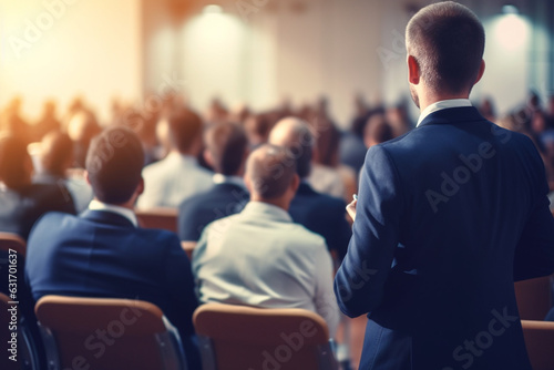 Speaker giving a talk on corporate business conference, Unrecognizable people in audience at conference hall, Business and Entrepreneurship event, blur view, aesthetic look