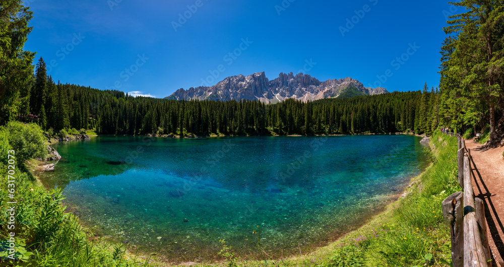 Karersee lake in the Dolomites, South Tyrol, Italy, also known as lake Carezza