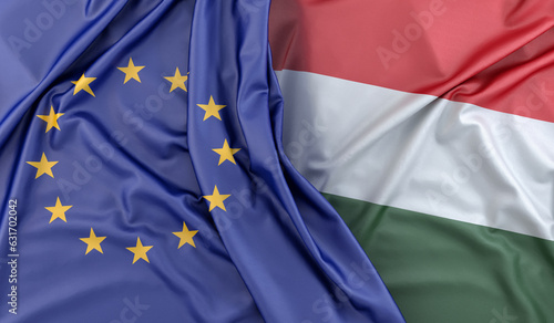 Ruffled Flags of European Union and Hungary. 3D Rendering